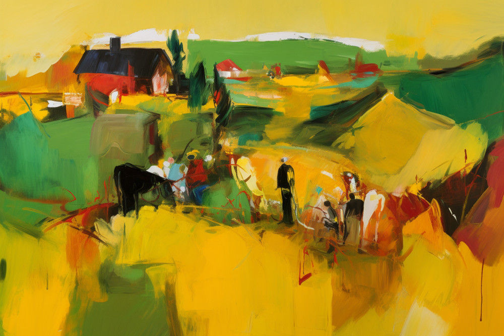 Canvas Wall Art - Abstract Painting Depicts Farmhouse Nestled - A1511 - [120 x 80 cm]