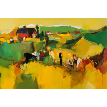 Canvas Wall Art - Abstract Painting Depicts Farmhouse Nestled - A1511 - [120 x 80 cm]