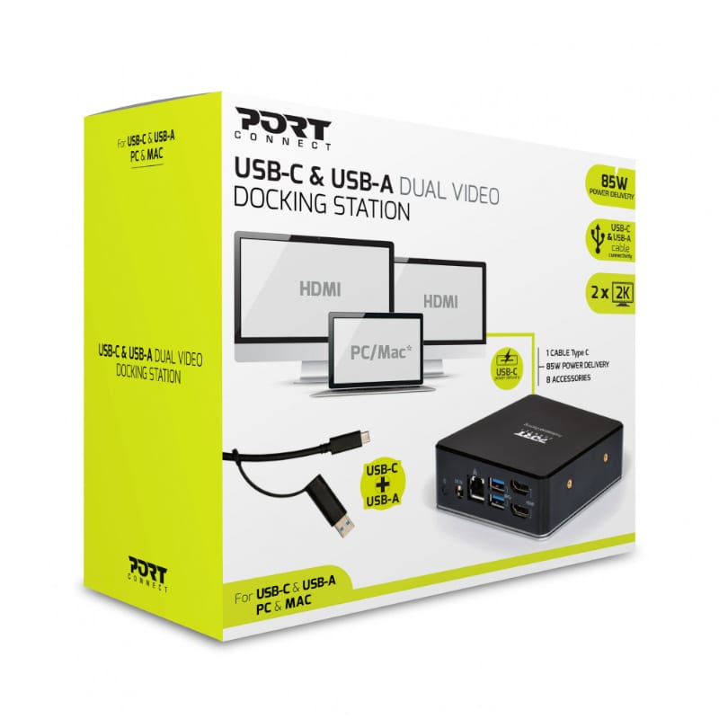 Port USB Type-C to 1 x RJ45,2 x USB3.1 Gen1,2 x HDMI,1 x Type-C,1 x USB3.1 Gen1 , Apple Charging 2.4A,1 x Aux Dock - Black