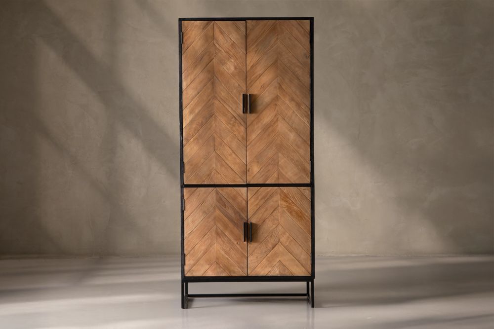 Newport Storage Cabinet with Teak Chevron Doors Modern Wood Cabinet with Steel Base