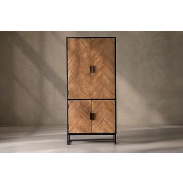 Newport Storage Cabinet with Teak Chevron Doors Modern Wood Cabinet with Steel Base