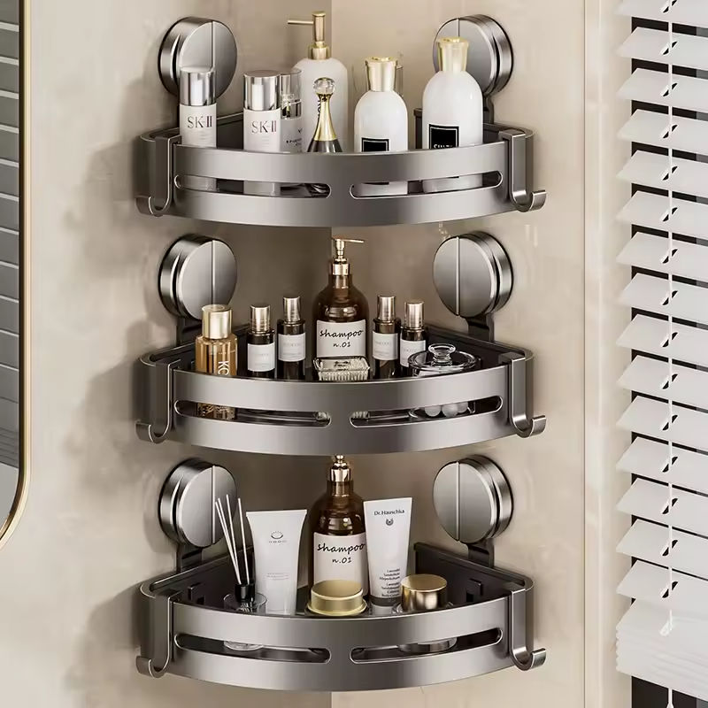 Bathroom Organizers Wall Shelf Sucker Corner Steel Rack Shelf with Hook For Bathroom