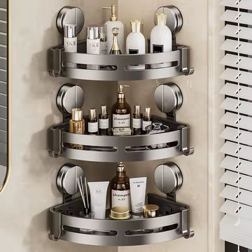 Bathroom Organizers Wall Shelf Sucker Corner Steel Rack Shelf with Hook For Bathroom