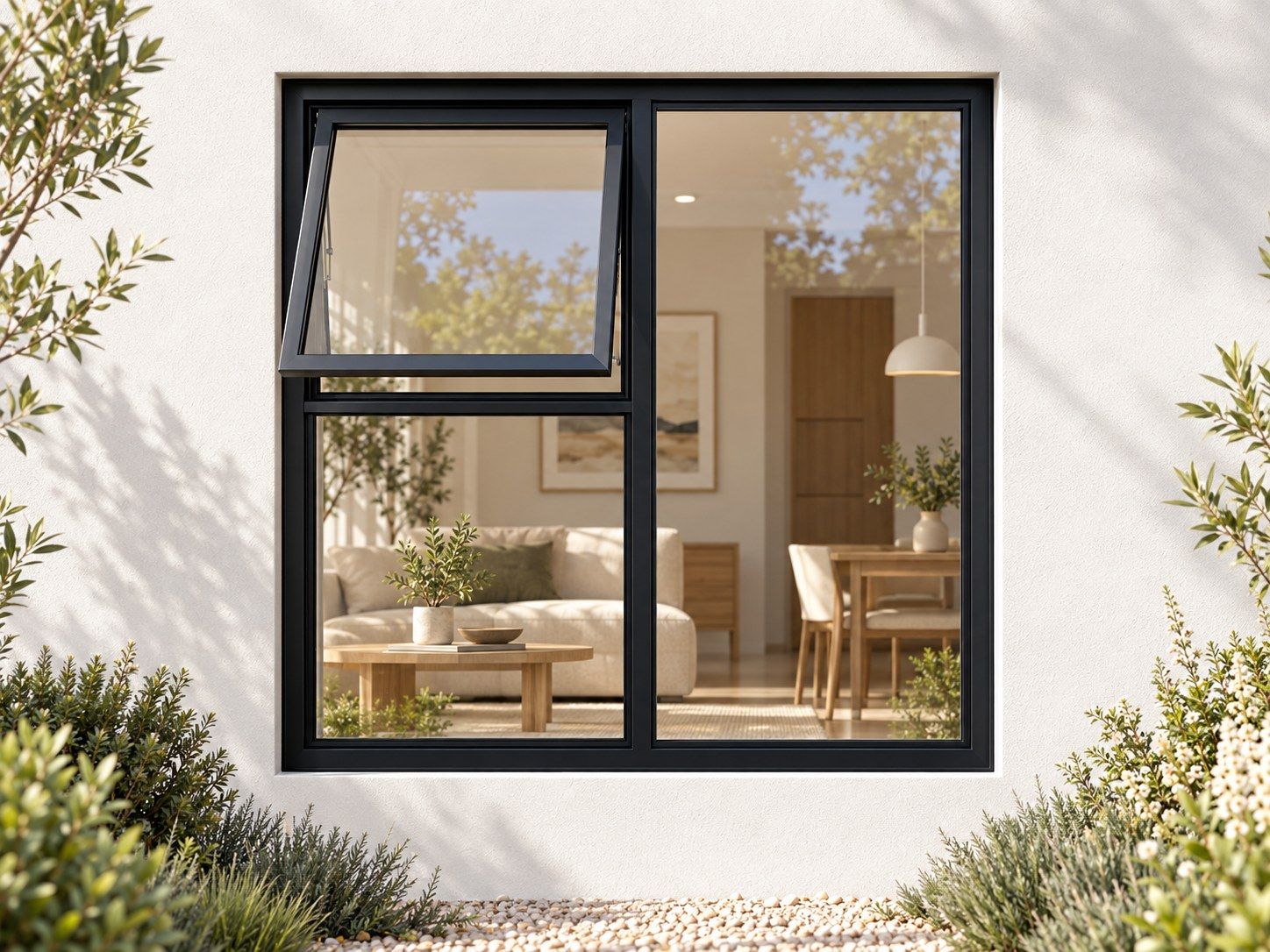 Kenzo Premium Top-Hung Aluminium Window - Black, 1200 1200 mm, Left Upper Opener with Fixed Lower and Side Panes, Clear Glass