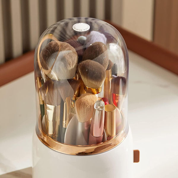 Makeup Brush Holder, Cosmetic Brushes Organizer with Lid 360 Rotating