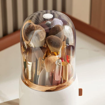 Makeup Brush Holder, Cosmetic Brushes Organizer with Lid 360 Rotating