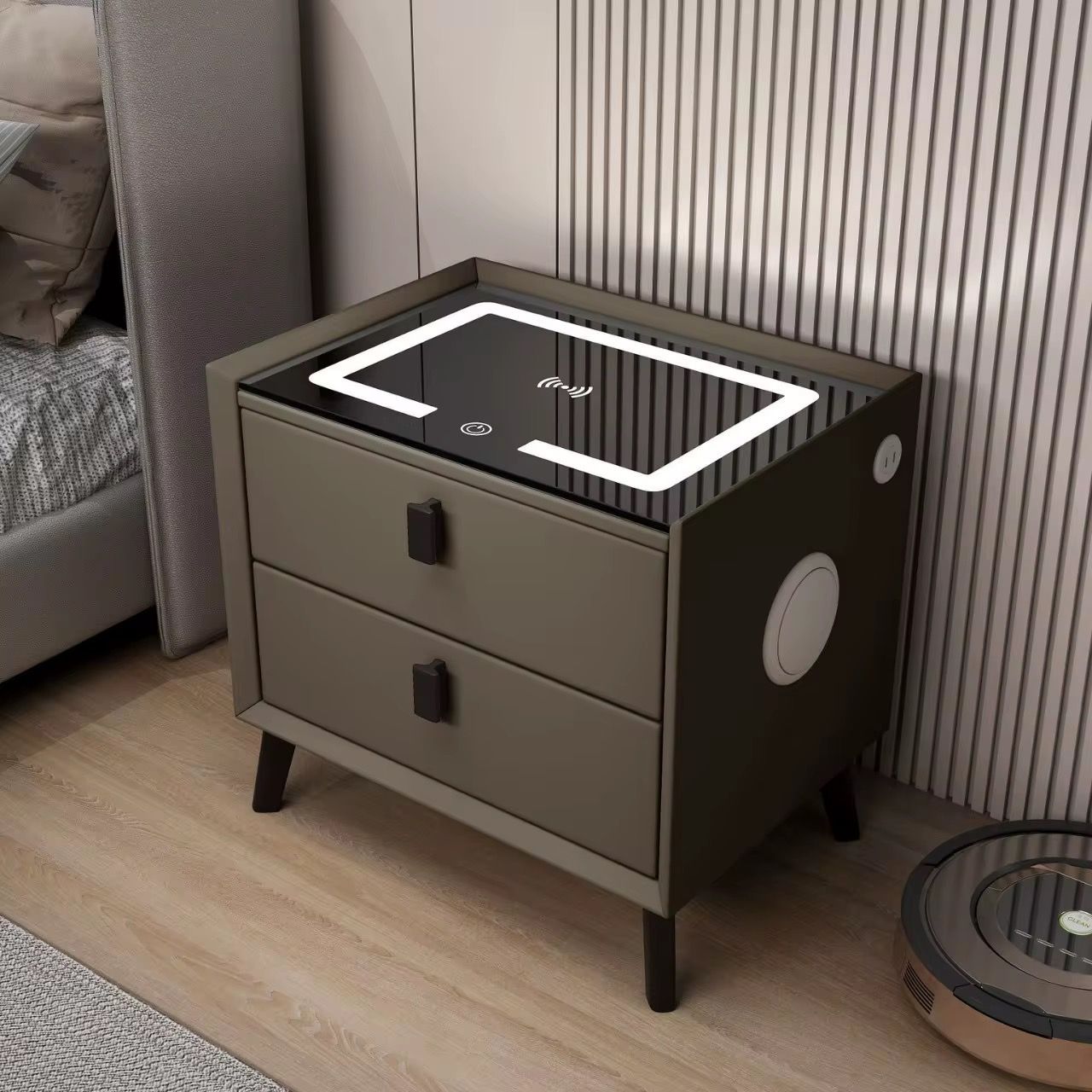 Smart Bedside Table with Wireless Charging Station, Speaker, Fingerprint Lock, and Drawer, Modern Bedside Table in Bedroom