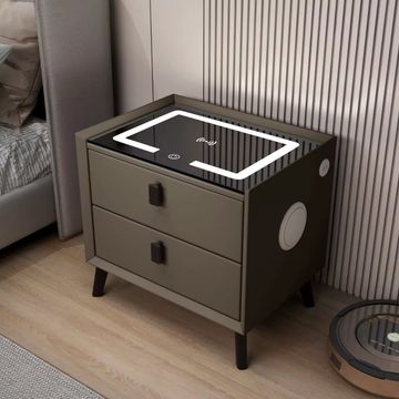 Smart Bedside Table with Wireless Charging Station, Speaker, Fingerprint Lock, and Drawer, Modern Bedside Table in Bedroom
