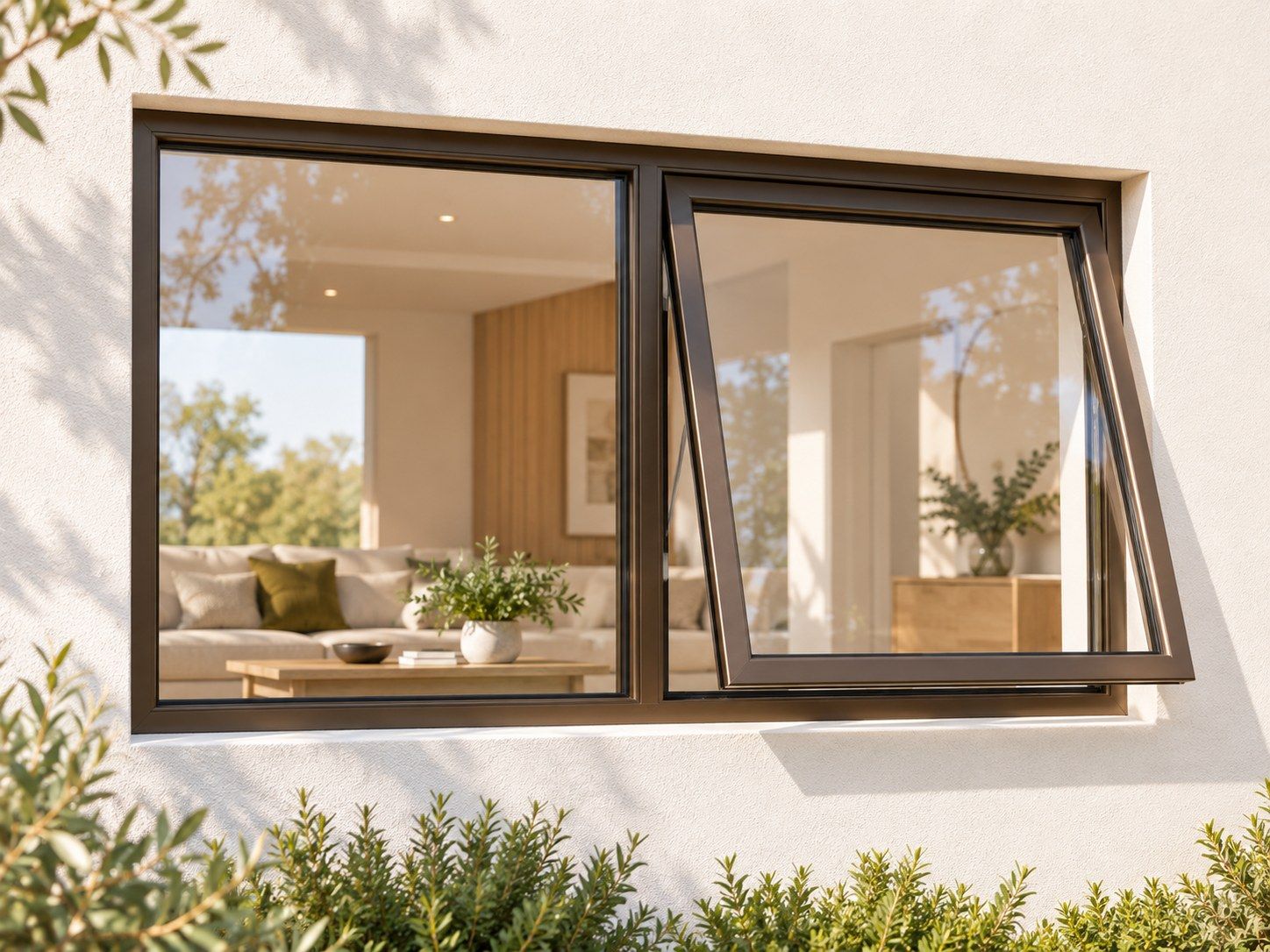 Kenzo Premium Top-Hung Aluminium Window - Bronze, 1200 600 mm, Right Upper Opener with Fixed Side Pane, Clear Glass
