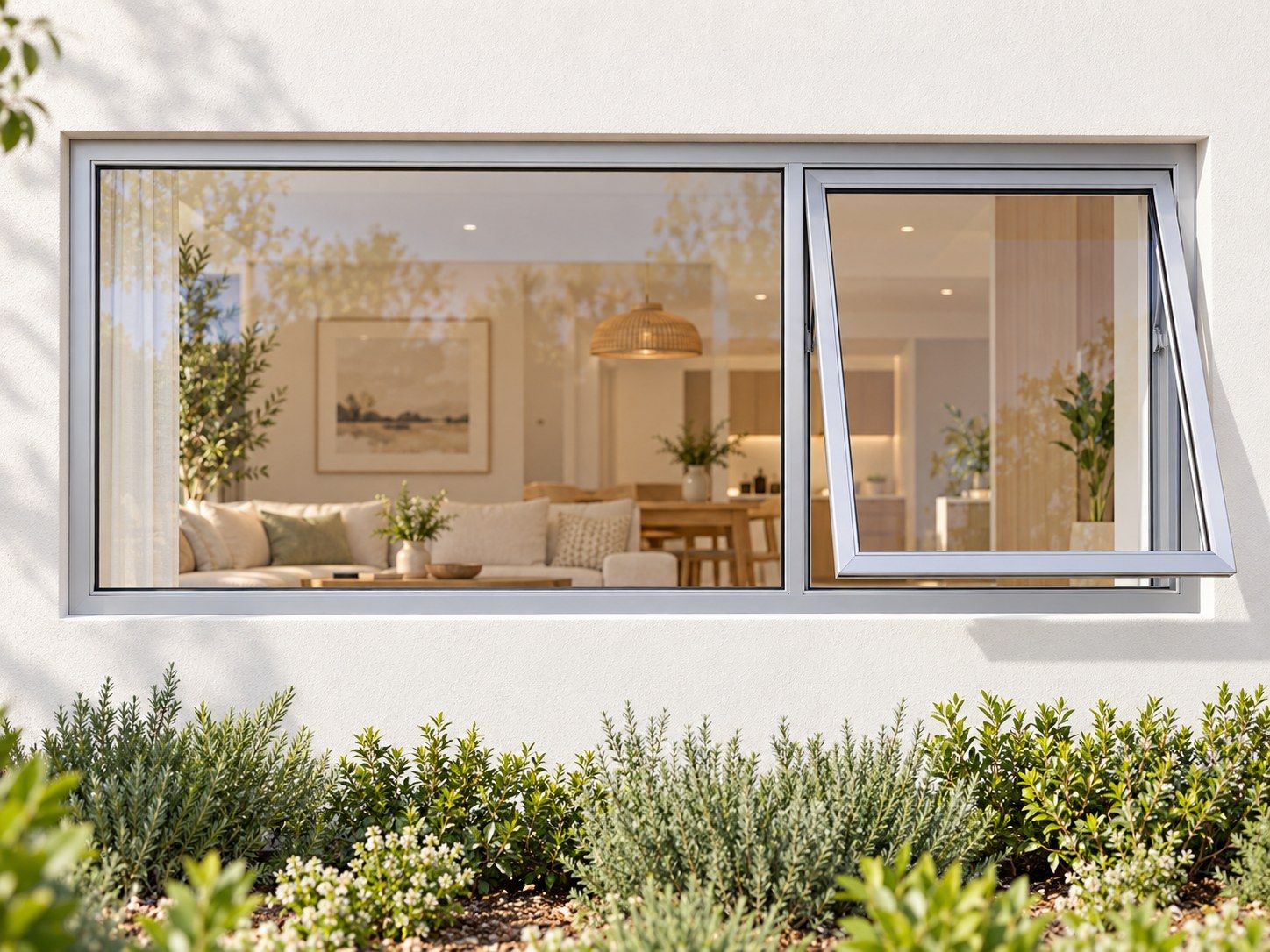 Kenzo Premium Top-Hung Aluminium Window - Silver, 1800 600 mm, Right Upper Opener with Fixed Side Pane, Clear Glass