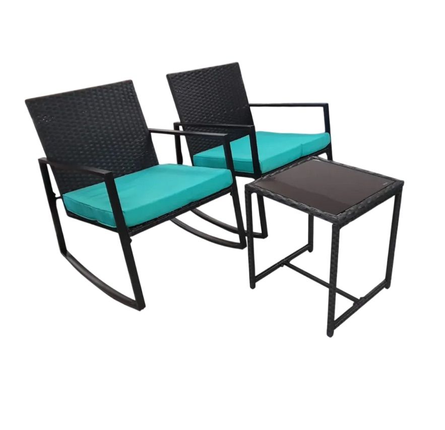 3Pc Patio/Bistro Rattan Rocking Chair Set with Blue Cushions and Glass Table