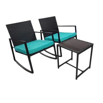 3Pc Patio/Bistro Rattan Rocking Chair Set with Blue Cushions and Glass Table
