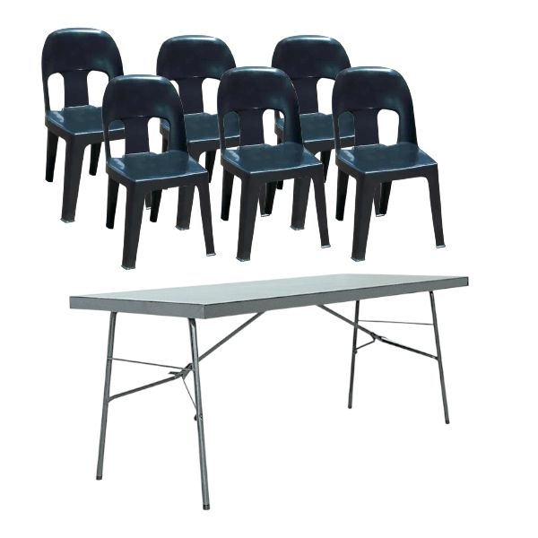 Table steel 1.8m Grey & Plastic Party Chairs black x6