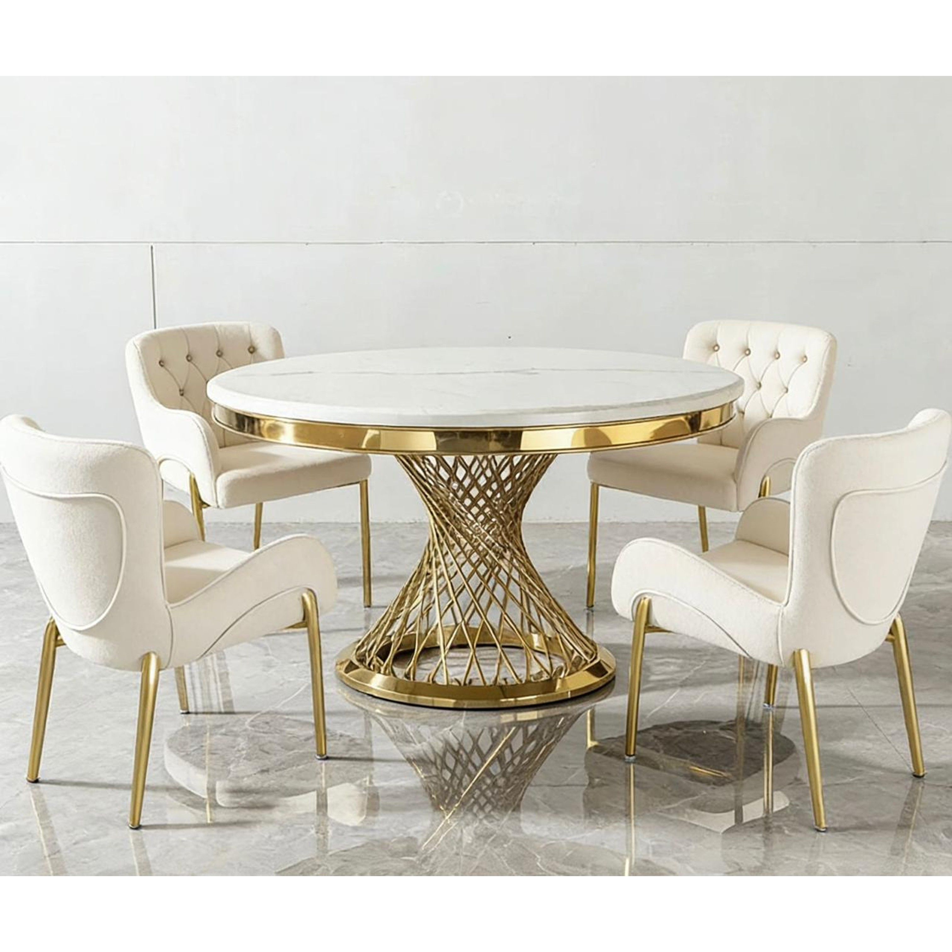 Madiega Furniture - Golden Lattice White Round Marble Velvet Dining Set