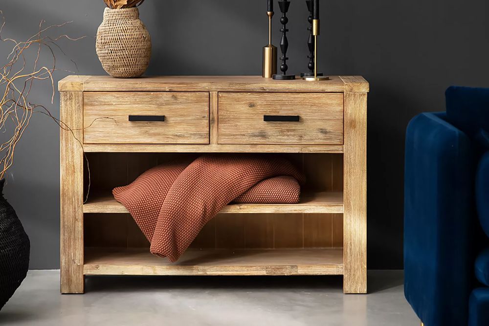 Acacia Wood Console Table – Storage Table with Drawers & Shelves