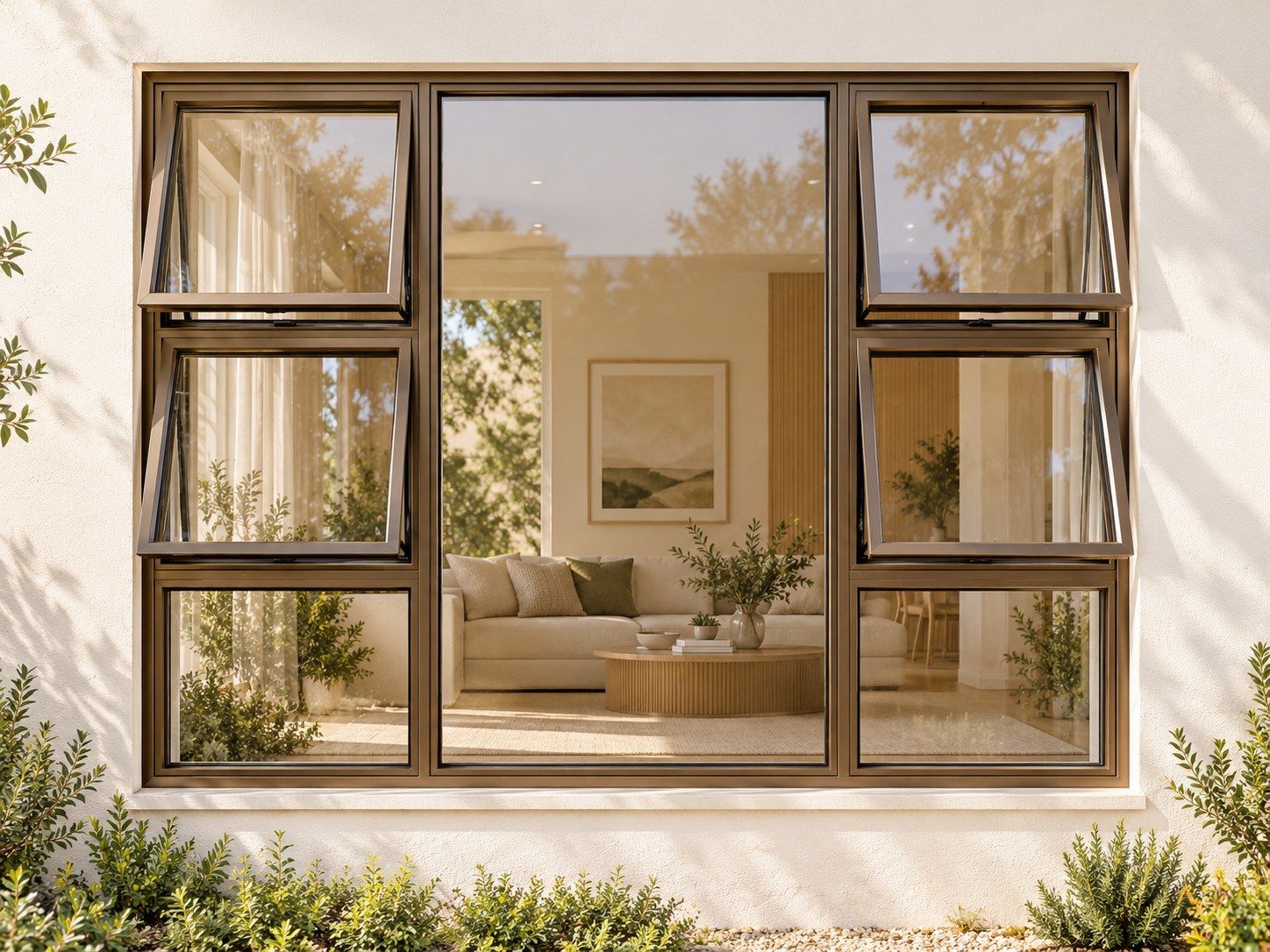 Kenzo Premium Top-Hung Aluminium Window - Bronze, 1800 1500 mm, Four Openers with Fixed Centre and Lower Panes, Clear Glass