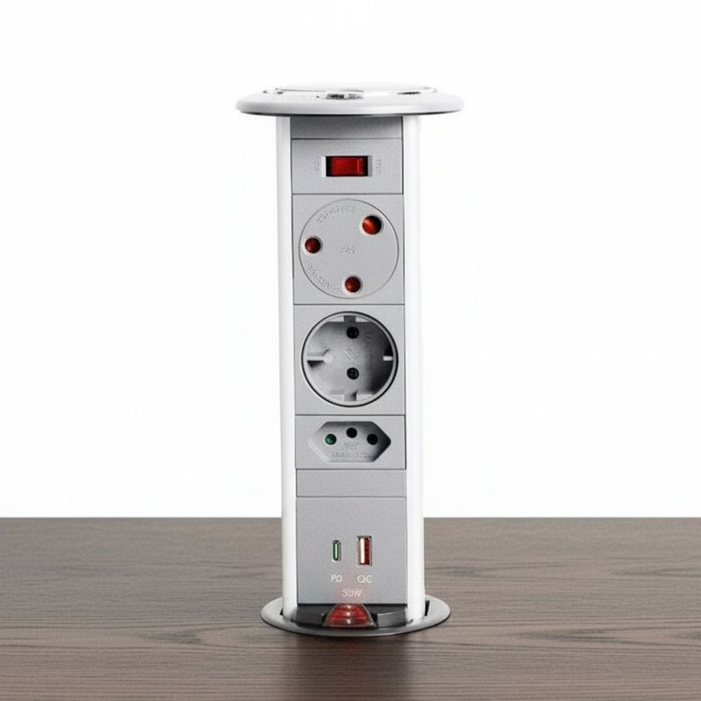 Powerlogic MK445 (Round Top) Pull up Multiplug with Fast 45W USB C Charger - Light Grey