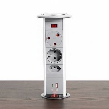 Powerlogic MK445 (Round Top) Pull up Multiplug with Fast 45W USB C Charger - Light Grey