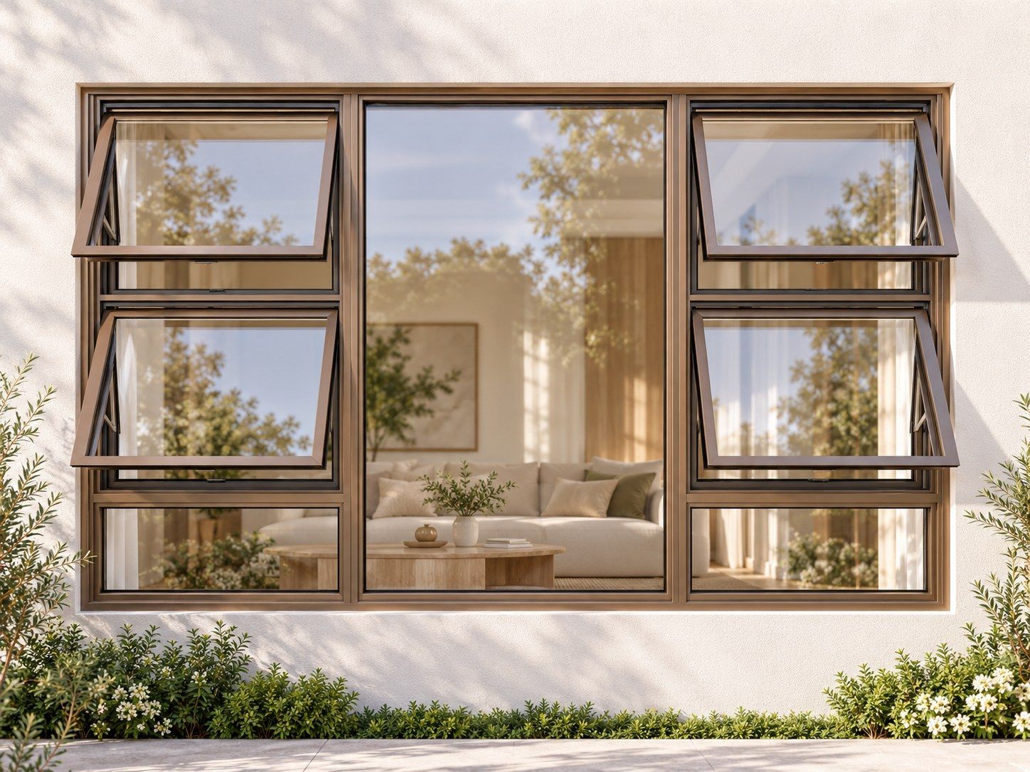 Kenzo Premium Top-Hung Aluminium Window - Bronze, 2400 1500 mm, Four Openers with Fixed Centre and Lower Panes, Clear Glass