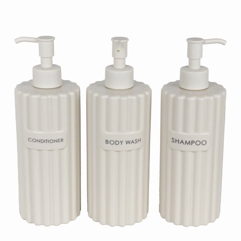 CASA 3Pc Re-usable 450ml Dispenser Bottles | Labelled Body Wash, Shampoo, Conditioner | Beige | Φ6.9 X 20.5 HCM