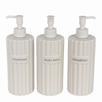 CASA 3Pc Re-usable 450ml Dispenser Bottles | Labelled Body Wash, Shampoo, Conditioner | Beige | Φ6.9 X 20.5 HCM