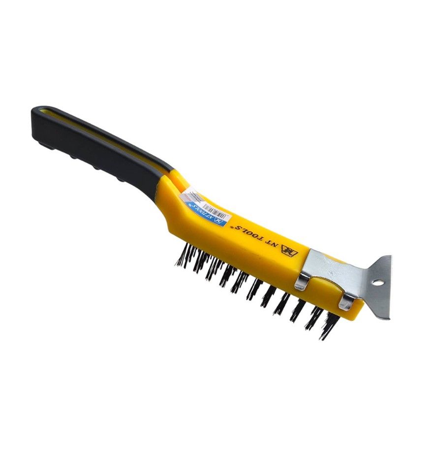 NT TOOLS Steel Wire Brush with Scraper - Plastic Handle Rubber Grip 280mm