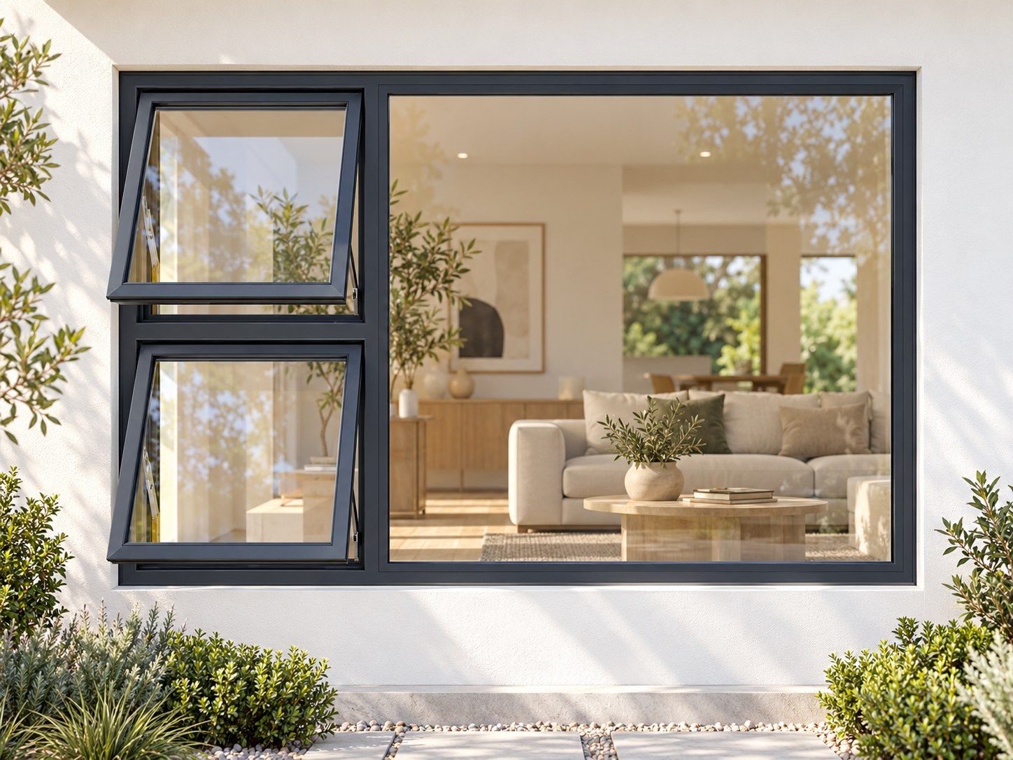 Kenzo Premium Top-Hung Aluminium Window - Charcoal, 2400 1200 mm, Left Two Openers with Fixed Side Pane, Clear Glass