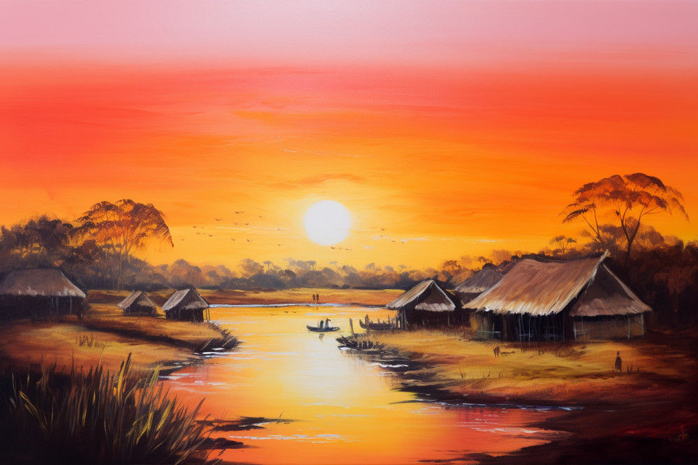 Canvas Wall Art - African Village Sunset View - A1491 - [120 x 80 cm]