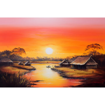 Canvas Wall Art - African Village Sunset View - A1491 - [120 x 80 cm]