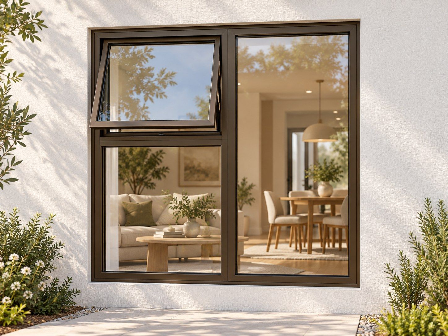 Kenzo Premium Top-Hung Aluminium Window - Bronze, 1200 1200 mm, Left Upper Opener with Fixed Lower and Side Panes, Clear Glass