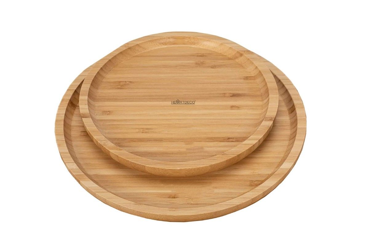 Heartdeco 2 Pieces Round Bamboo Food Serving Platter Tray