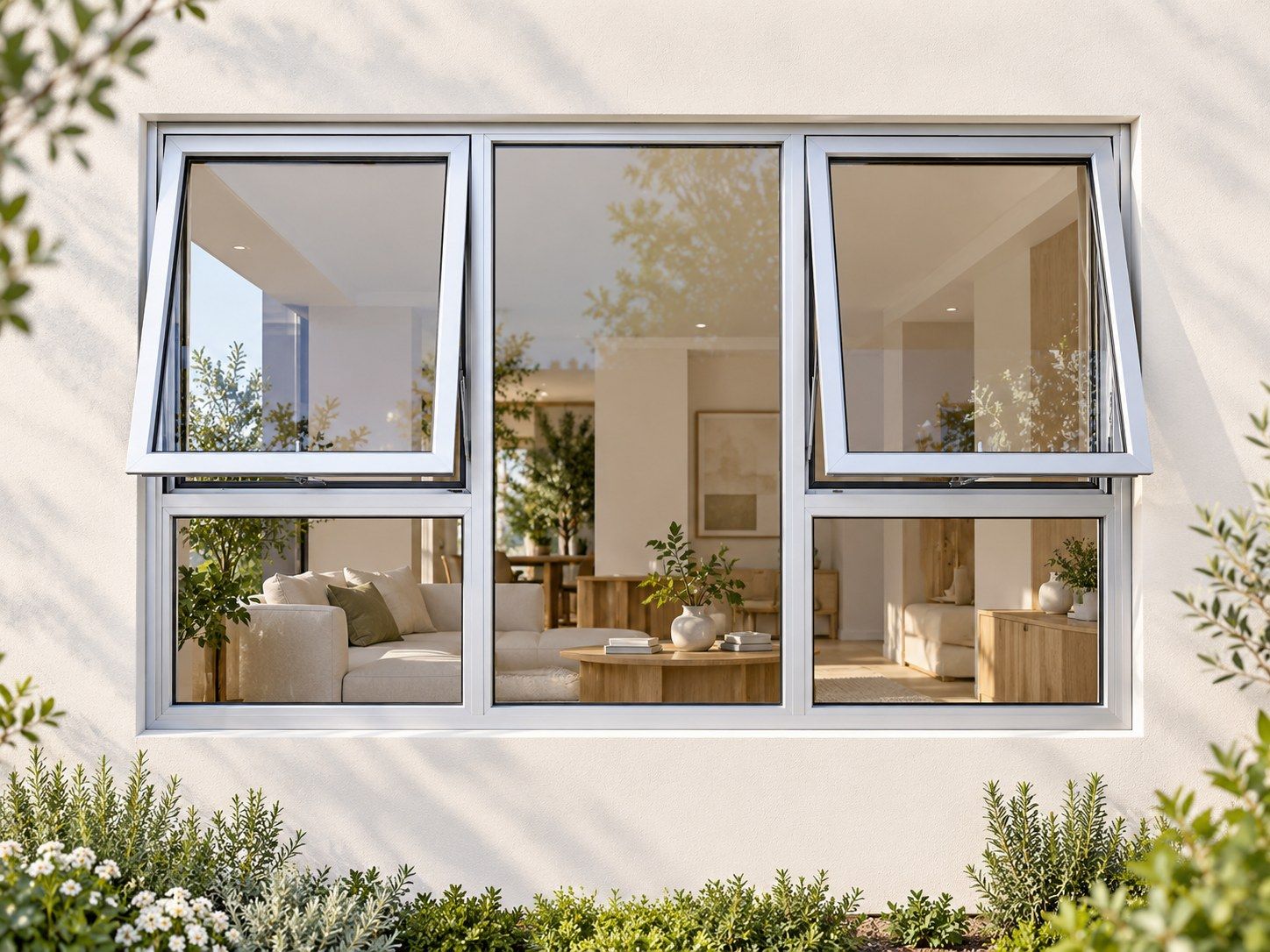 Kenzo Premium Top-Hung Aluminium Window - Silver, 1800 900 mm, Two Outer Openers with Fixed Centre and Lower Panes, Clear Glass