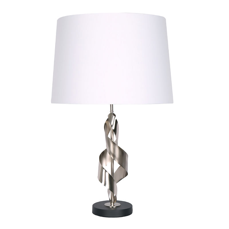LAMP TABLE-CURVED METAL BASE-CREAM FABRIC SHADE