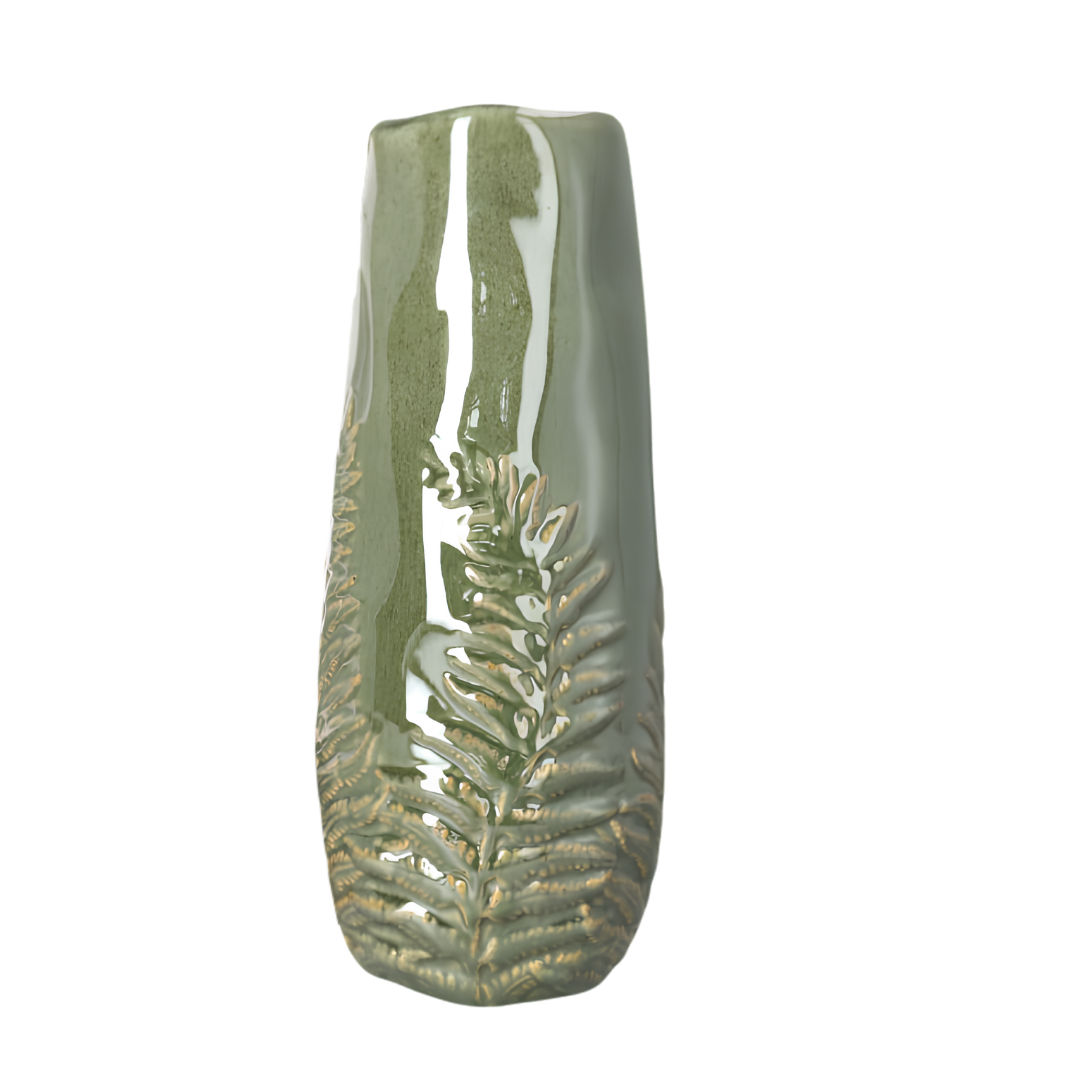 Danny Home Tall Embossed Fern Leaf Ceramic Flower Vase (14 x 14 x 33.5cm) – Glossy Sage Olive Green