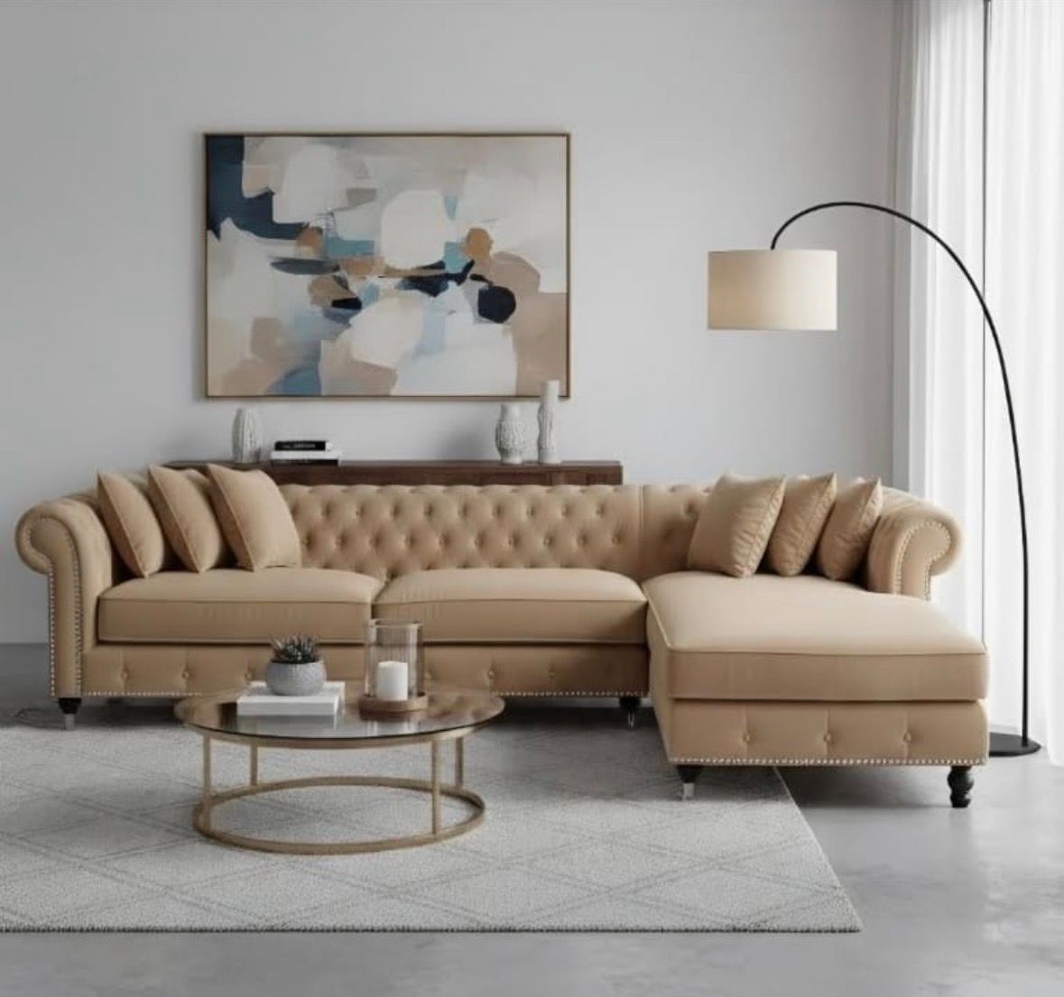 4 seater Chesterfield L Couch - Beige - Velvet