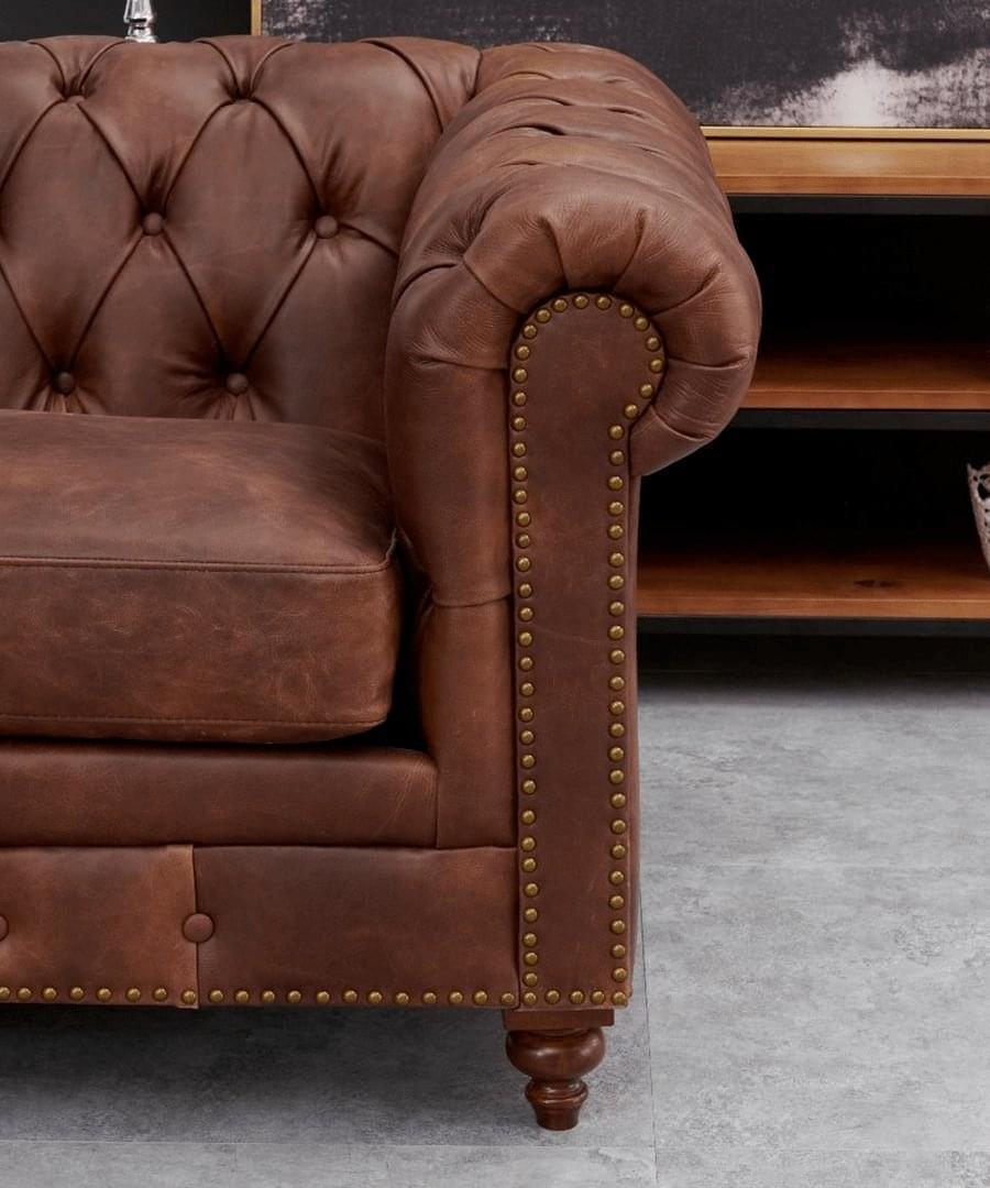 Genuine Leather Twin colour Chesterfield 3 Seater Sofa - Marula Brown