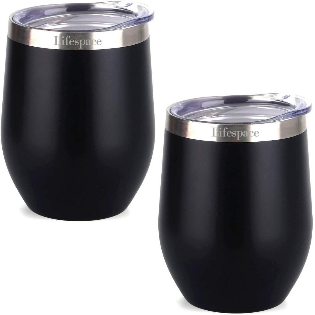 Lifespace Premium Matt Black Double Walled Wine Cups - Pair