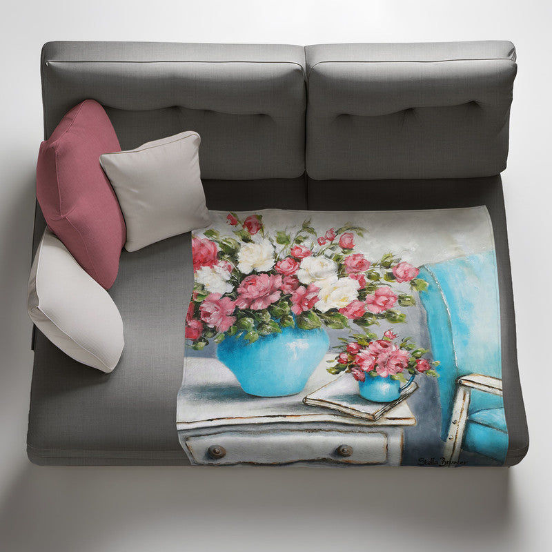 Pink and White Bouquet in Blue Vase Full View Light weightFleece Blanket By Stella Bruwer