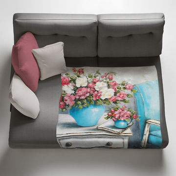 Pink and White Bouquet in Blue Vase Full View Light weightFleece Blanket By Stella Bruwer