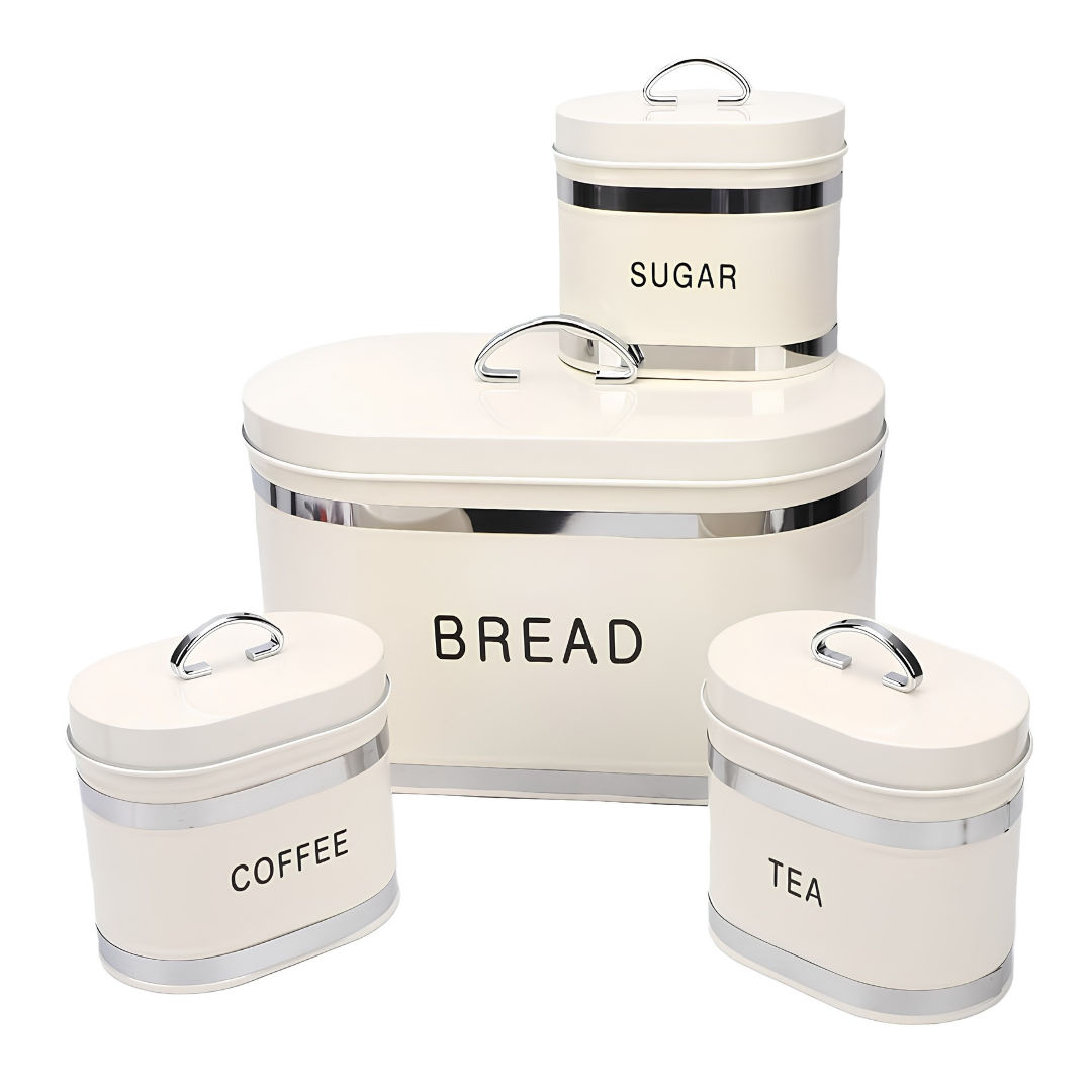 4-Piece Retro Cream Oval Bread Bin & Canister Set – Metal Bread Box with Tea, Coffee & Sugar Jars