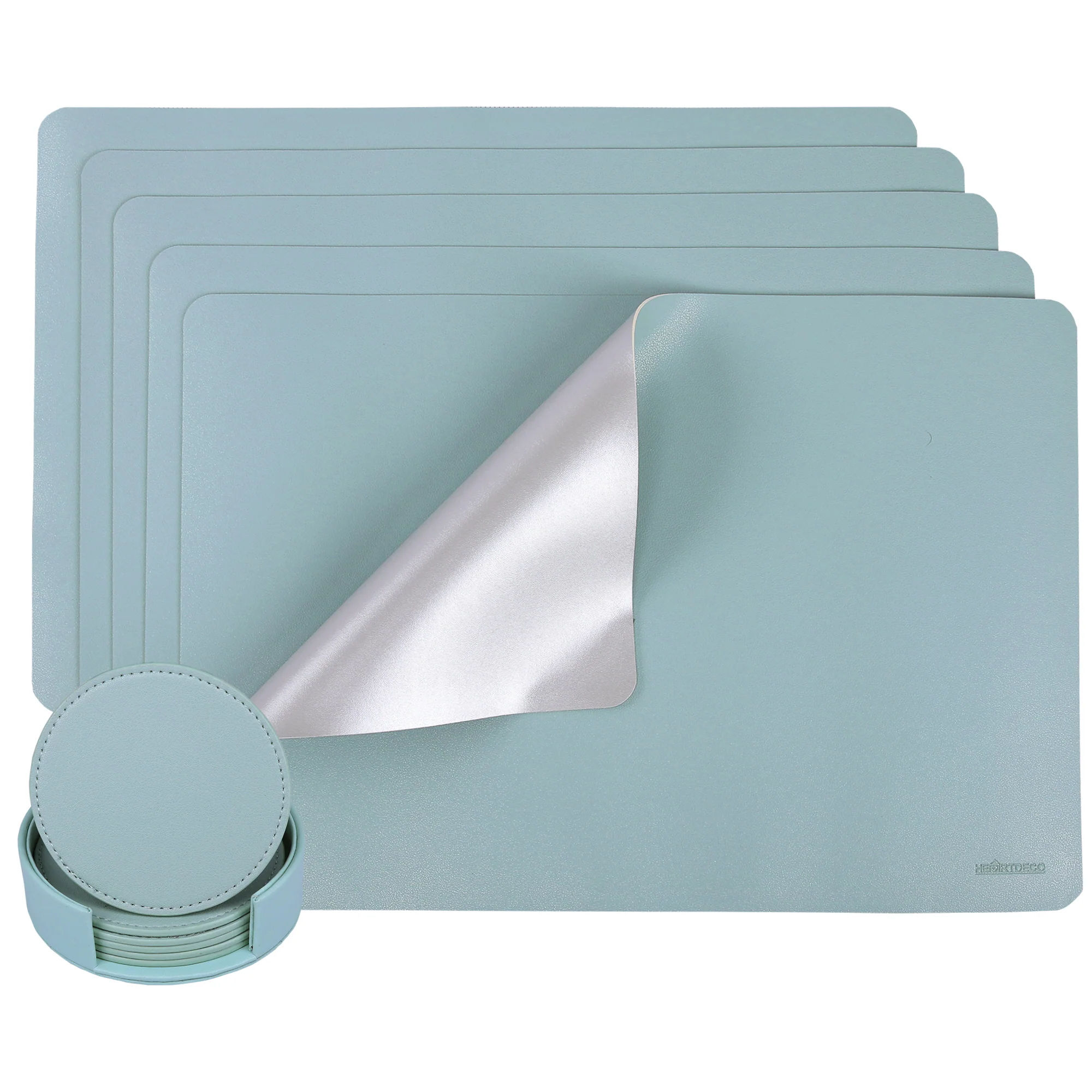 Heartdeco PU Leather Dual Tone 6 Placemats & 6 Coasters Set - Mint