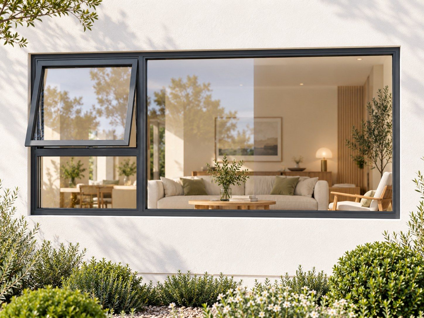 Kenzo Premium Top-Hung Aluminium Window - Charcoal, 2400 900 mm, Left Upper Opener with Fixed Lower and Side Panes, Clear Glass