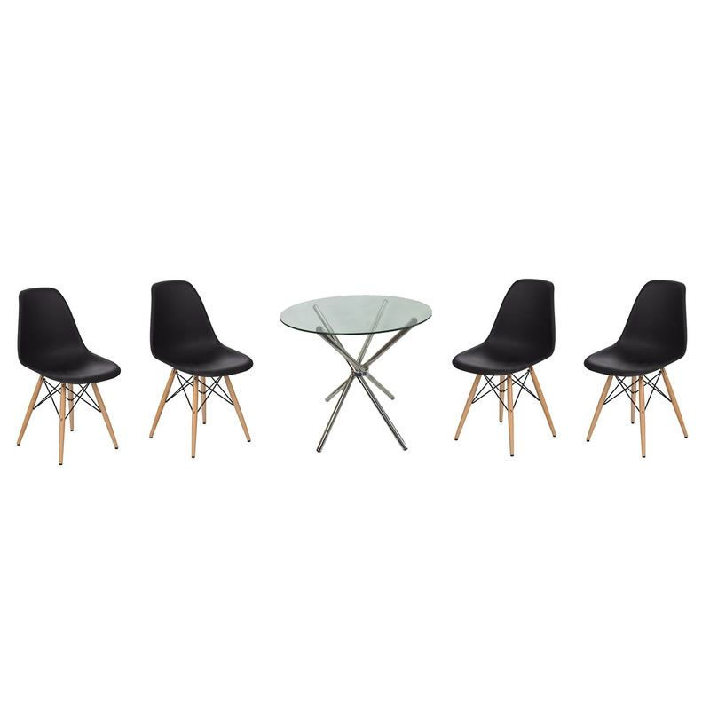 5 Piece Glass Table and Black Wooden Leg Chairs-Black
