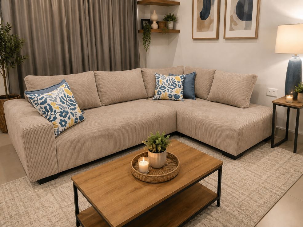 Tach Luxure Natalia L Shape Couch – Corduroy Beige Left Sided