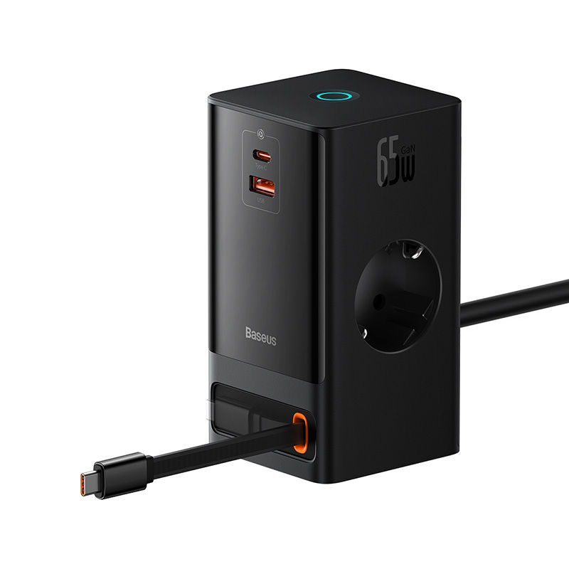 Baseus PowerCombo Series 65W Digital PowerStrip with Retractable Type-C Cable - Black