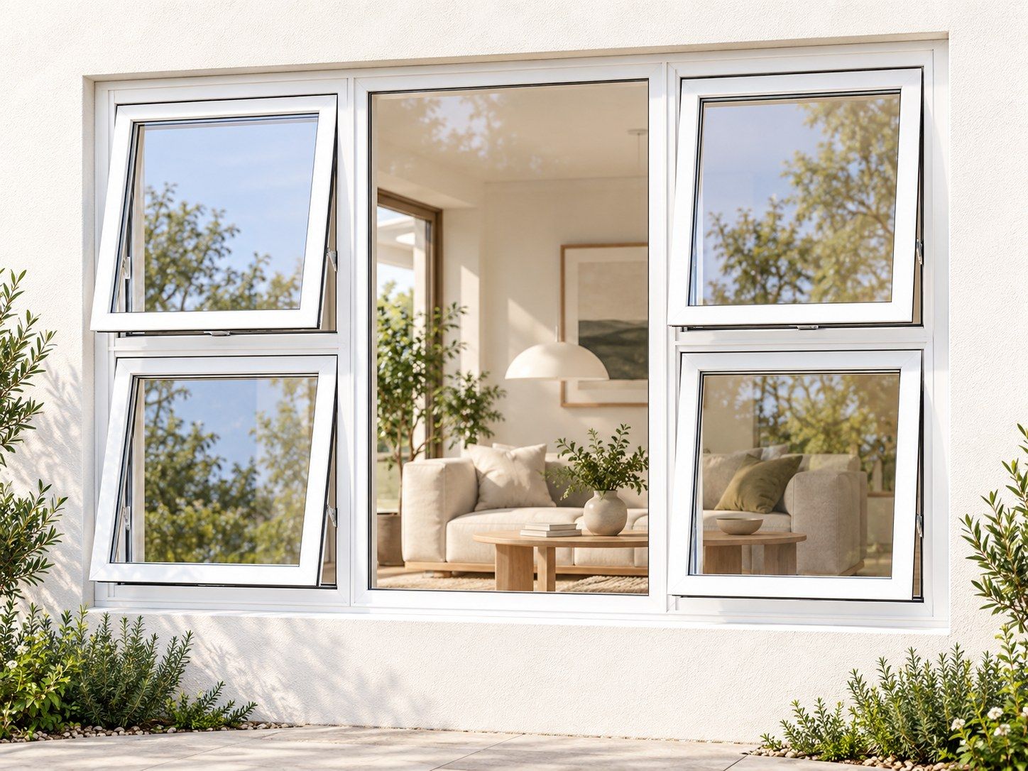 Kenzo Premium Top-Hung Aluminium Window - White, 2100 1200 mm, Four Openers with Fixed Centre, Clear Glass