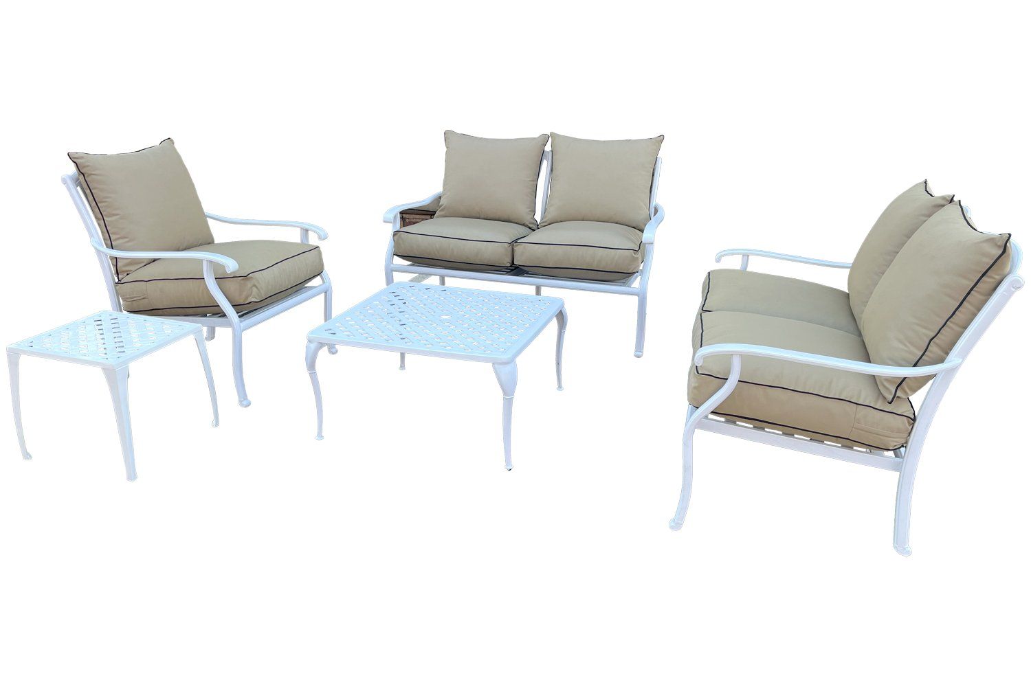 Aluminium Lounge Set 5-Piece 5-Seater (White, Beige Cushions)
