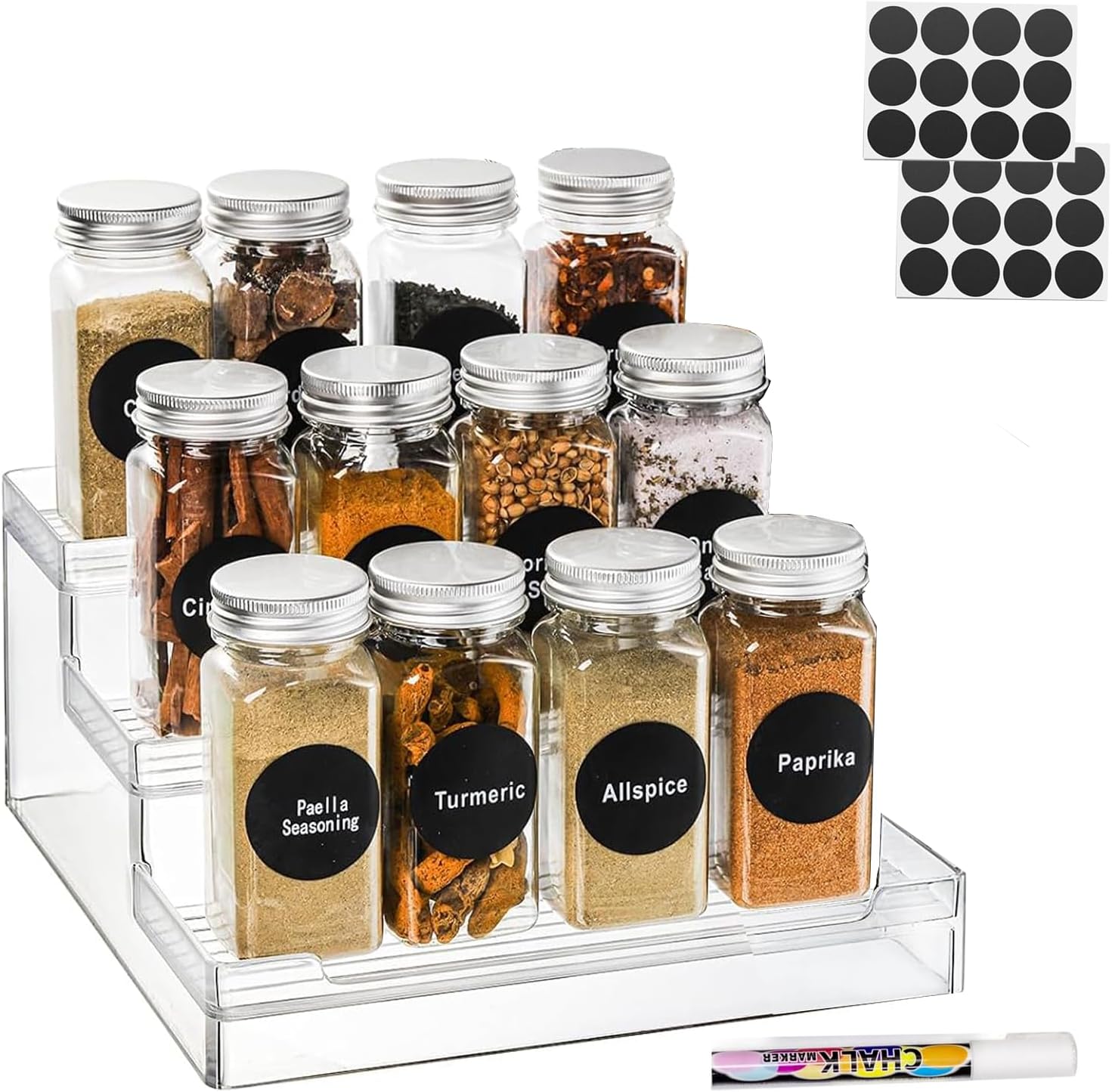 3 Tier Clear Acrylic Spice Rack Organiser With 12 Jars 24 Labels & Marker