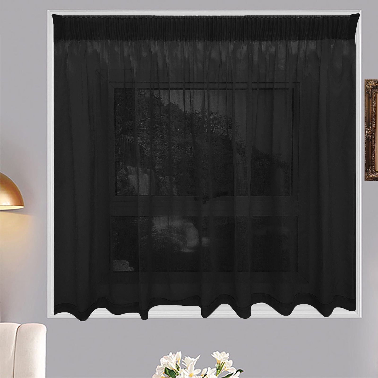 Matoc Designs Café Curtain - Mystic Voile - Black - Taped - Single Layer - 250cm W x 120cm H