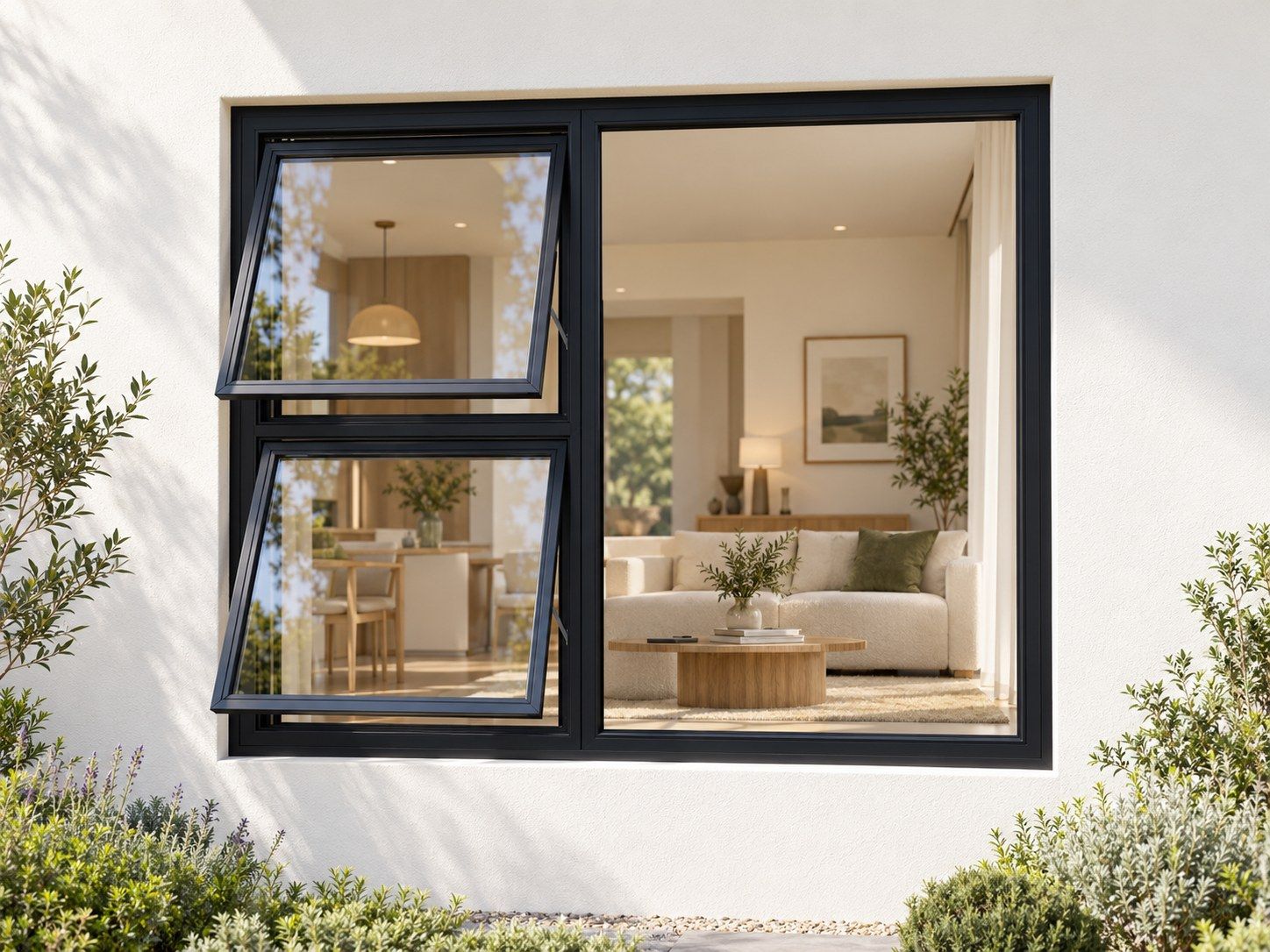Kenzo Premium Top-Hung Aluminium Window - Black, 1500 1200 mm, Left Two Openers with Fixed Side Pane, Clear Glass